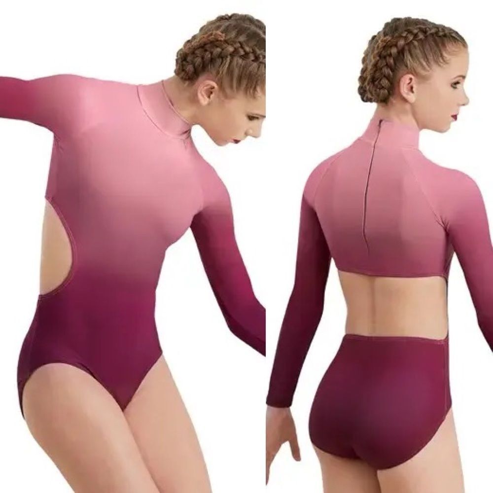 WEISSMAN Balera Dance long sleeve burgundy OMBRE CUTOUT LEOTARD PL10475 MC child